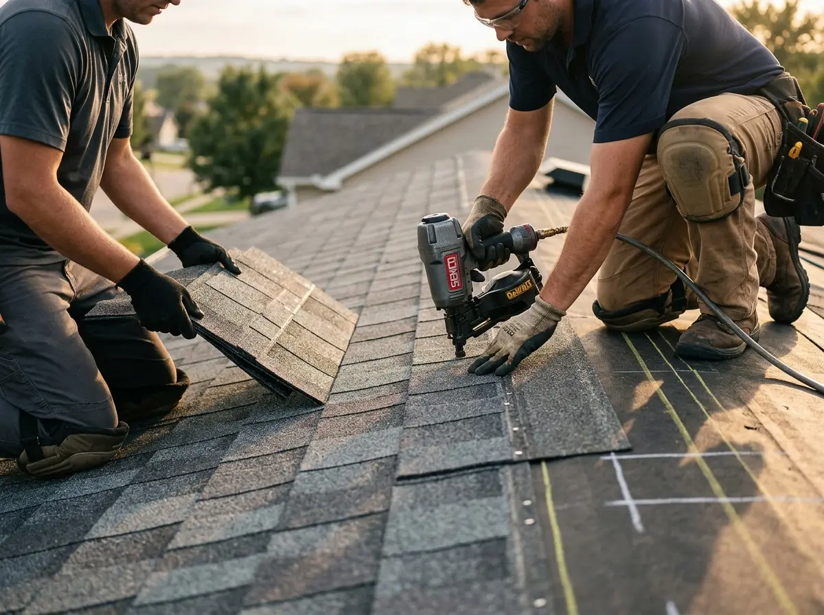 Professional roofer working on a residential roof in Saddle Brook